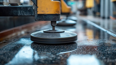 Close-up of rotating pads on a polishing machine, scrubbing a granite floor in an outdoor area.の素材