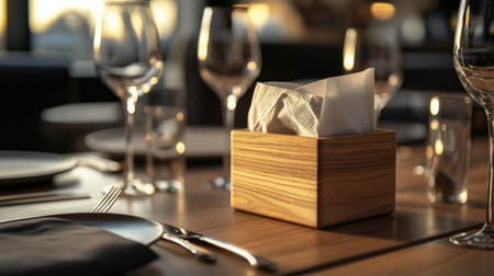 Elegant wooden tissue box on a polished dining table, with soft lighting and elegant tableware.の素材