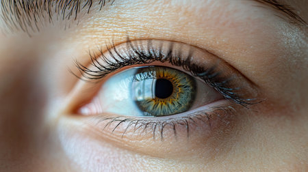 Close-up of an eye with voluminous lash extensions under studio lighting, showcasing a luxurious finish.の素材