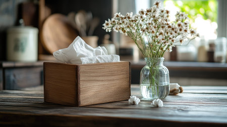 Handcrafted wooden napkin box with soft tissues on a rustic table, adding charm to a country-style kitchen.の素材
