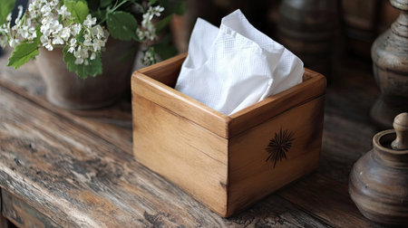 Handcrafted wooden napkin box with soft tissues on a rustic table, adding charm to a country-style kitchen.の素材