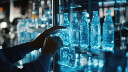 Factory worker adjusting settings on a touch screen panel to optimize the water bottling process.の素材