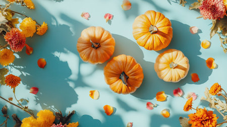 Flat-lay of pumpkins, flowers, and scattered petals on a table, with soft blue-toned shadows framing the scene.の素材