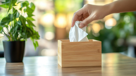 Hand reaching for a tissue from a wooden napkin box on a table, emphasizing a clean and hygienic setting.の素材