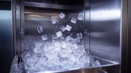 Freshly produced ice cubes tumbling into a stainless steel bin inside a high-efficiency ice machine.の素材