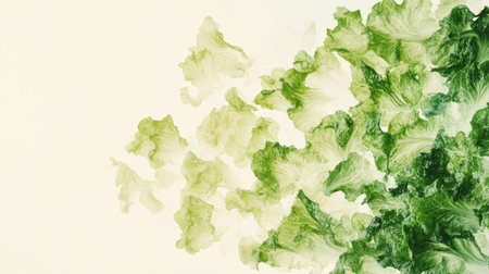 Loose green lettuce leaves fanned out on a light cream-colored background, forming a natural gradient.の素材