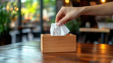 Hand reaching for a tissue from a wooden napkin box on a table, emphasizing a clean and hygienic setting.の素材