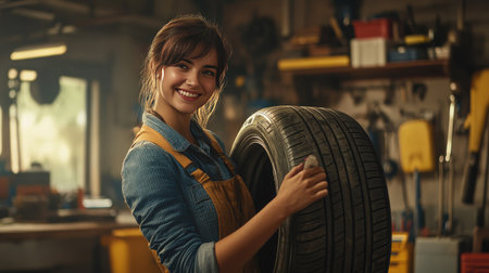 Female car mechanic holding a car tire, smiling confidently while standing in front of a workbench filled with tools and equipment.の素材