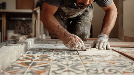 Installation of patterned rectangular tiles on a bathroom floor, with a tiler ensuring the design aligns correctly.の素材