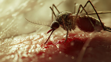High-magnification view of a mosquito's proboscis piercing human skin, with its abdomen beginning to swell with blood.の素材