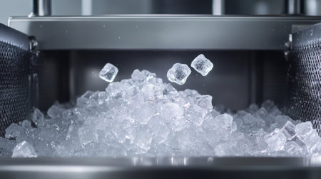 Freshly produced ice cubes tumbling into a stainless steel bin inside a high-efficiency ice machine.の素材