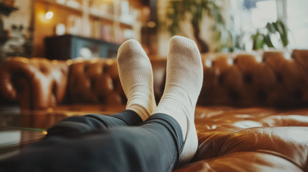 Man in stylish white socks relaxing on a leather couch, his feet propped up on a glass coffee table.の素材
