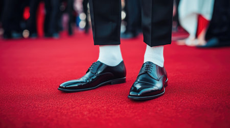 Man in sleek white socks and black dress shoes, standing confidently on a red carpet at an event.の素材