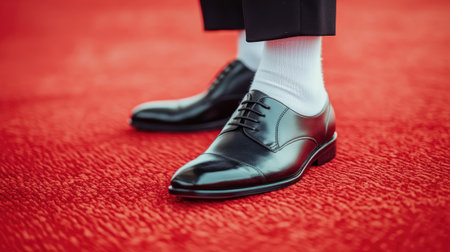 Man in sleek white socks and black dress shoes, standing confidently on a red carpet at an event.の素材