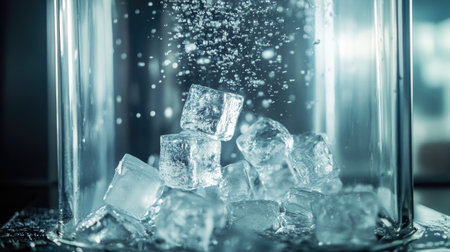 Ice cubes dropping from the dispenser into a clear container, captured in action inside a modern ice-making machine.の素材