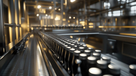 Industrial water bottling plant with a stainless steel conveyor carrying rows of capped bottles through the packaging process.の素材