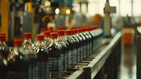 Line of capped water bottles moving towards the packaging area in a high-efficiency bottling plant.の素材