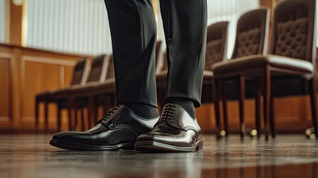 Man standing in a boardroom wearing black leather formal shoes, conveying confidence and style.の素材