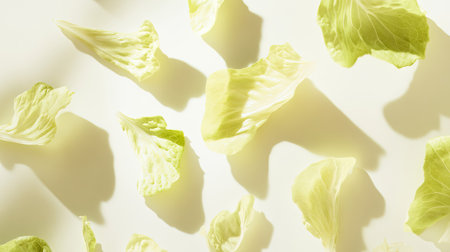 Lettuce leaves spread naturally across a pale, clean background, highlighting their organic shape and fresh color.の素材