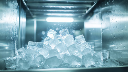 Interior view of an ice machine ejecting freshly made ice cubes, highlighting clean surfaces and precision engineering.の素材
