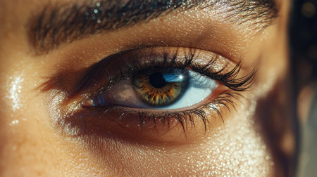 Macro shot of an eye with perfectly curled eyelash extensions, framed by glowing skin and a fresh complexion.の素材