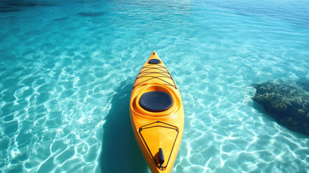 Kayak from above, surrounded by crystal-clear waters with visible sandbanks and marine life below.の素材