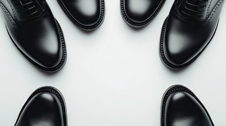 Formal black leather shoes with laces arranged on a pristine white background, emphasizing their classic design.の素材