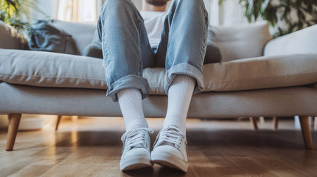 Man sitting on a modern sofa, wearing stylish white socks paired with rolled-up jeans and casual sneakers on the floor.の素材