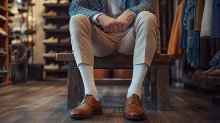 Man wearing sleek white socks while adjusting his cuffed trousers, sitting on a bench in a boutique.の素材
