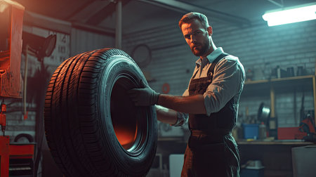 Mechanic holding a new tire while standing next to an old tire, highlighting the difference inside a brightly lit workshop.の素材