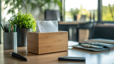 Natural wood tissue box with a sleek design on a modern workspace table, surrounded by stationary.の素材