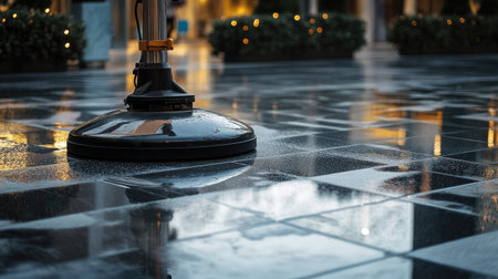 Polishing machine gliding over an outdoor marble floor, leaving a gleaming surface behind.の素材