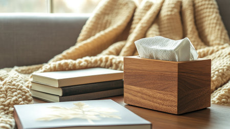 Modern wooden tissue holder on a living room coffee table, surrounded by books and a warm blanket.の素材