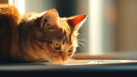 Orange tabby cat sniffing the edge of an uncovered litter box placed in a well-lit room.の素材