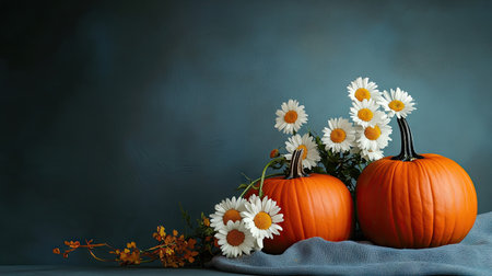 Ornamental pumpkins and a bouquet of daisies on a minimalist table setup, with subtle blue shadowed lighting.の素材