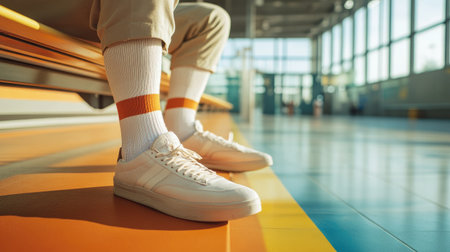 Man wearing white socks with a bold stripe, resting on a bench at a modern indoor sports facility.の素材