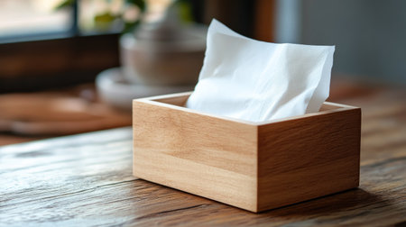 Minimalist wooden napkin box holding crisp white tissue paper, sitting on a textured wooden table.の素材
