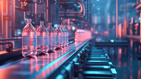Side view of a conveyor belt transporting water bottles through the labeling station in a modern bottling facility.の素材