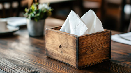 Rustic wooden tissue box with napkins protruding slightly, set on a textured wooden dining table.の素材