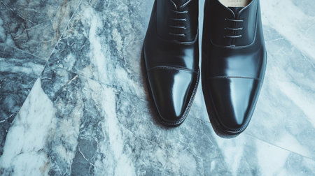 Pair of sleek black leather formal shoes resting on a modern marble floor, capturing their fine texture and shine.の素材