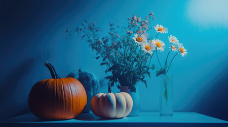 Ornamental pumpkins and a bouquet of daisies on a minimalist table setup, with subtle blue shadowed lighting.の素材