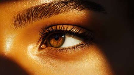 Soft lighting on an eye with professionally applied eyelash extensions, emphasizing a natural and effortless style.の素材