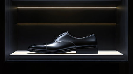 Polished black formal shoes displayed on a shelf in a high-end shoe boutique with soft spotlighting.の素材