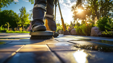 Professional cleaner working on an exterior walkway with a motorized polishing machine on a bright day.の素材