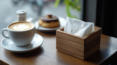 Simple and clean wooden napkin box with crisp tissues, placed on a caf table next to a latte and a dessert plate.の素材