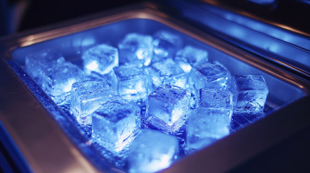 Pristine ice cubes glowing softly under blue LED lighting inside the tray of a compact home ice maker.の素材