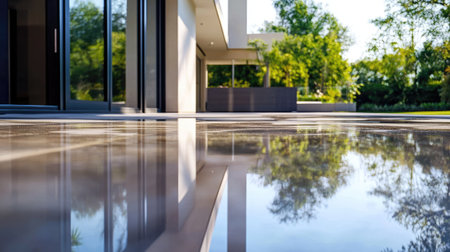 Polished outdoor flooring after cleaning with a high-performance machine, with reflections on the shiny surface.の素材
