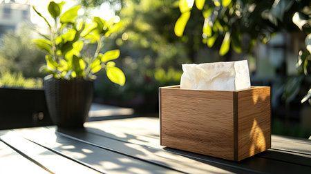 Natural wood tissue box placed on an outdoor patio table, with greenery and sunlight in the background.の素材