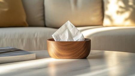 Side view of a wooden napkin holder on a coffee table, with tissues peeking out against a clean background.の素材
