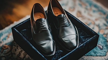 Shiny black leather shoes resting on a velvet box, emphasizing premium craftsmanship and elegance.の素材